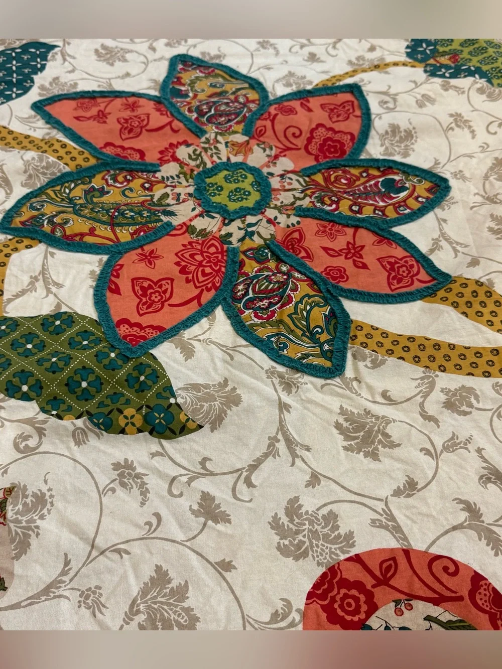 Pier 1 Boho Floral Patchwork Applique Panel Curtain Set 2 Blue Coral Multi 82x52